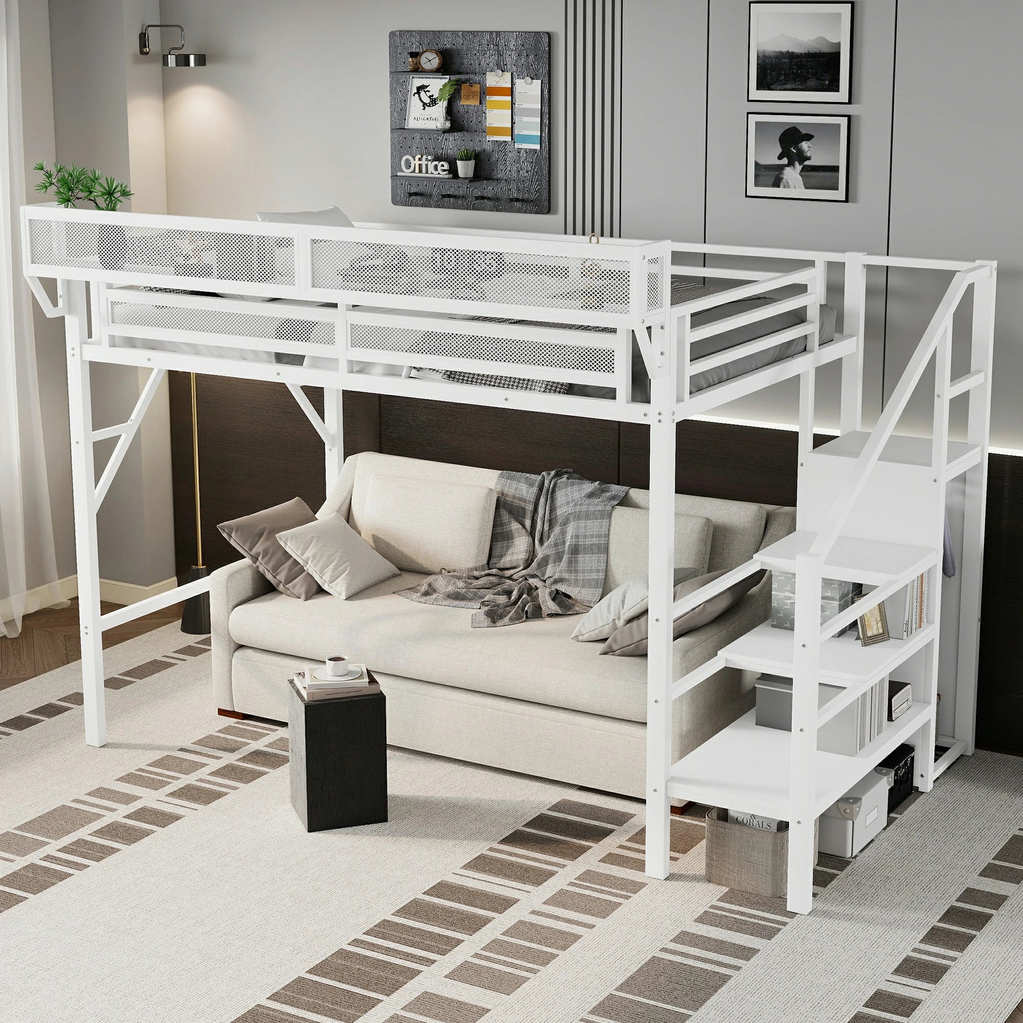 Metalloftbedwithstaircasestorageandshelves_twinsizeloftbedframewithguardrails