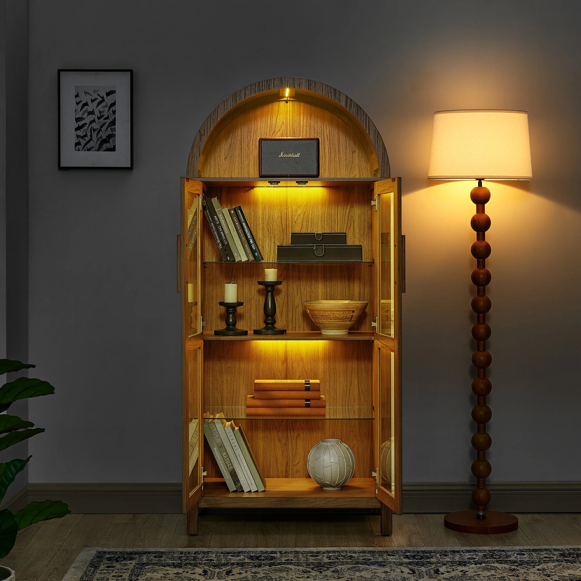 MidCenturyArchedWoodenDisplayCabinetwithLEDLighting