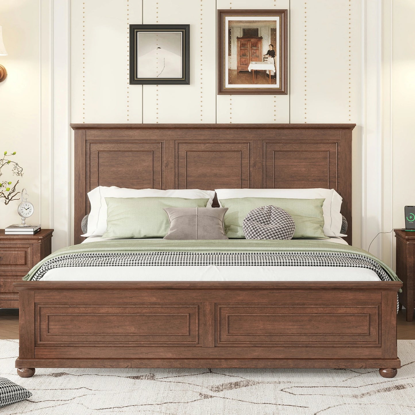 MirightoneKingWoodPlatformBedFrameinWalnutFinishwithFarmhousePanelHeadboardandFootboard_NoBoxSpringNeeded