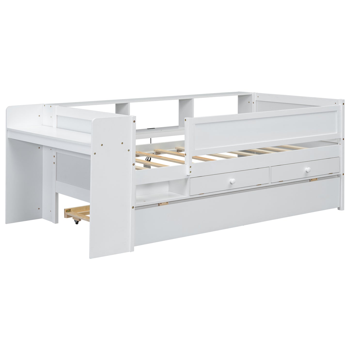 Mirightone_TwinSizeDaybedwithTrundleStudyDeskandStorageShelves_DaybedswithBookshelfHeadboard_USBPortandDrawersforKidsBoysGirls