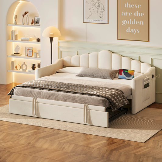 Modernbeigeupholstereddaybedwithtrundleincozybedroomsetup_featuringsoftheadboardandbuilt-inchargingport