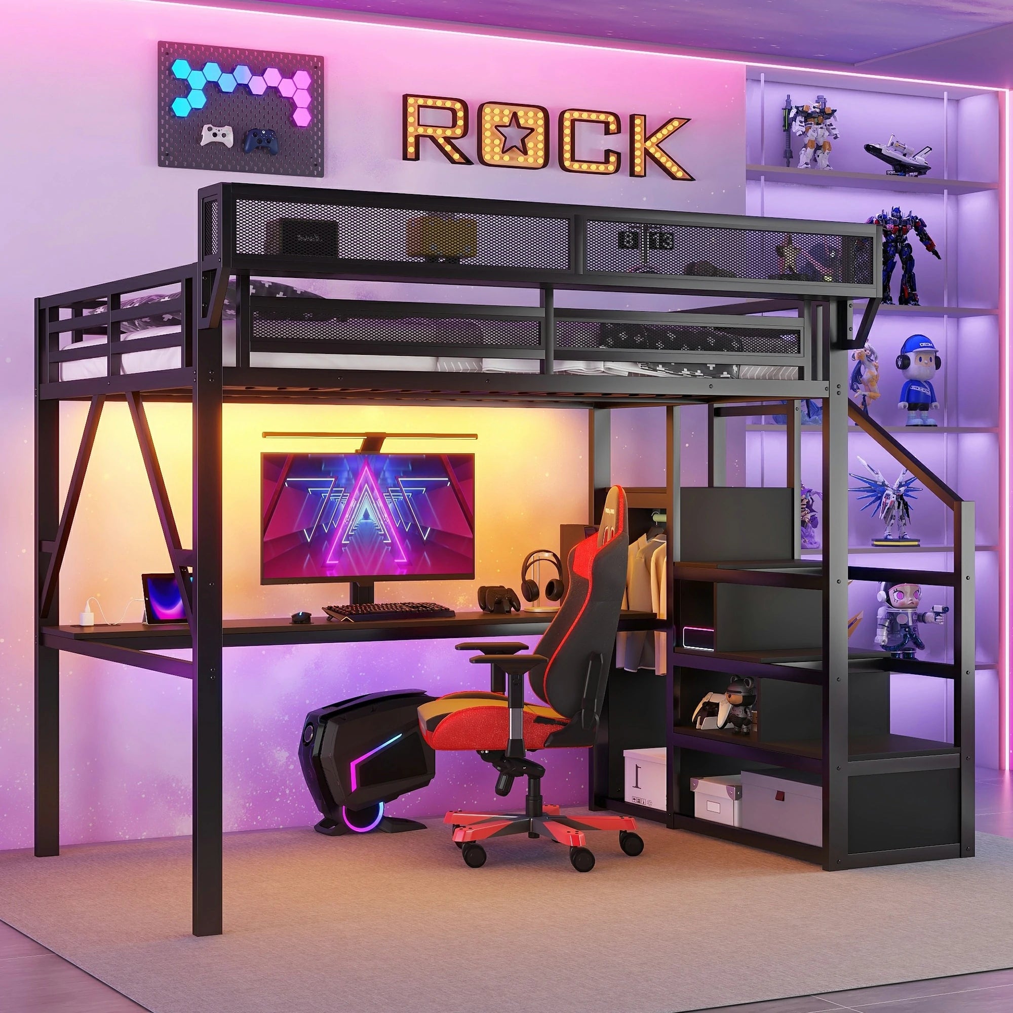 Modernblackmetalloftbedwithbuilt-indesk_storageshelves_andgamingsetup_perfectspace-savingsolutionforkidsorteensbedroom.