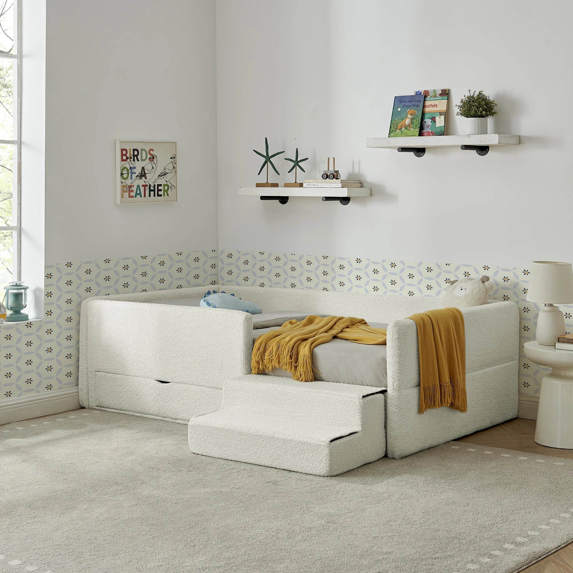 Modernchildren_sbedwithguardrailsandsoftfabricframe_cozykidsbedroomfurnituredesign