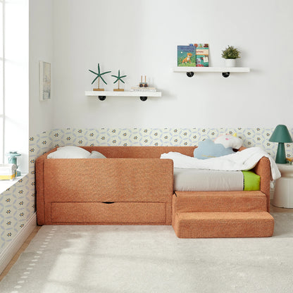 Modernkidsbedinwarmorangebouclefabricfeaturingbuilt-instorageandacushionedstepstool_creatingacozyandsafesleepingspace.