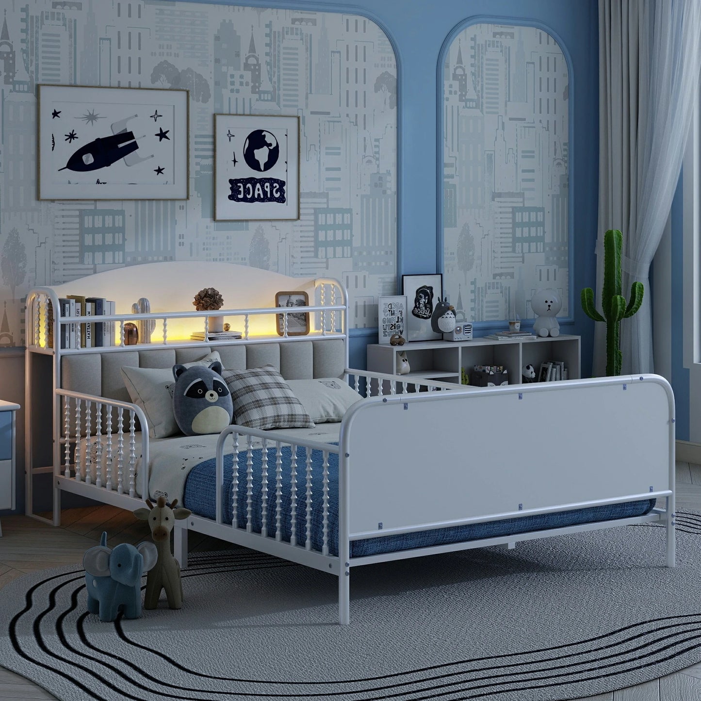 Modernkidsbedroomwithtwinbed_LEDlightingheadboard_safeguardrailsandcozydecor