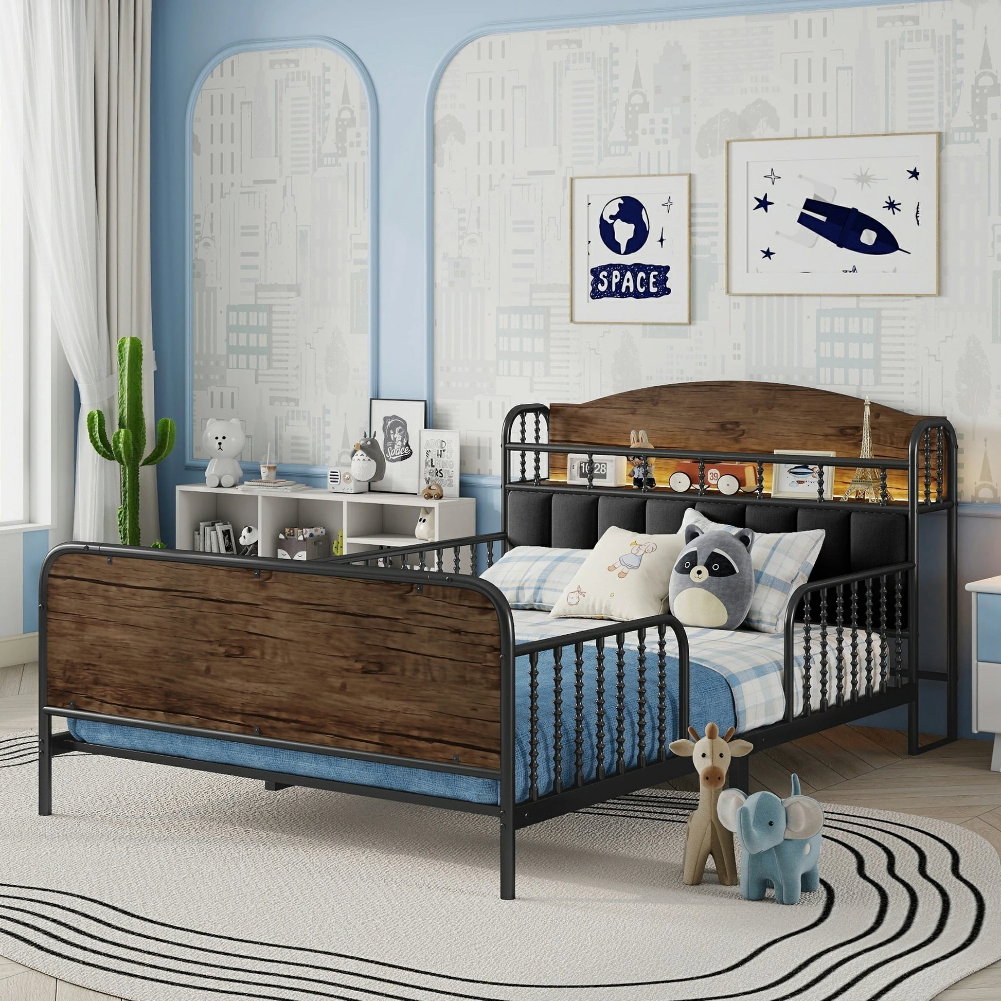 Modernkidsbedroomwithtwinbed_woodandmetalframe_guardrailsandcozydecorsetup