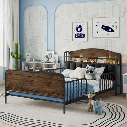 Modernkidsbedroomwithtwinbed_woodandmetalframe_guardrailsandcozydecorsetup