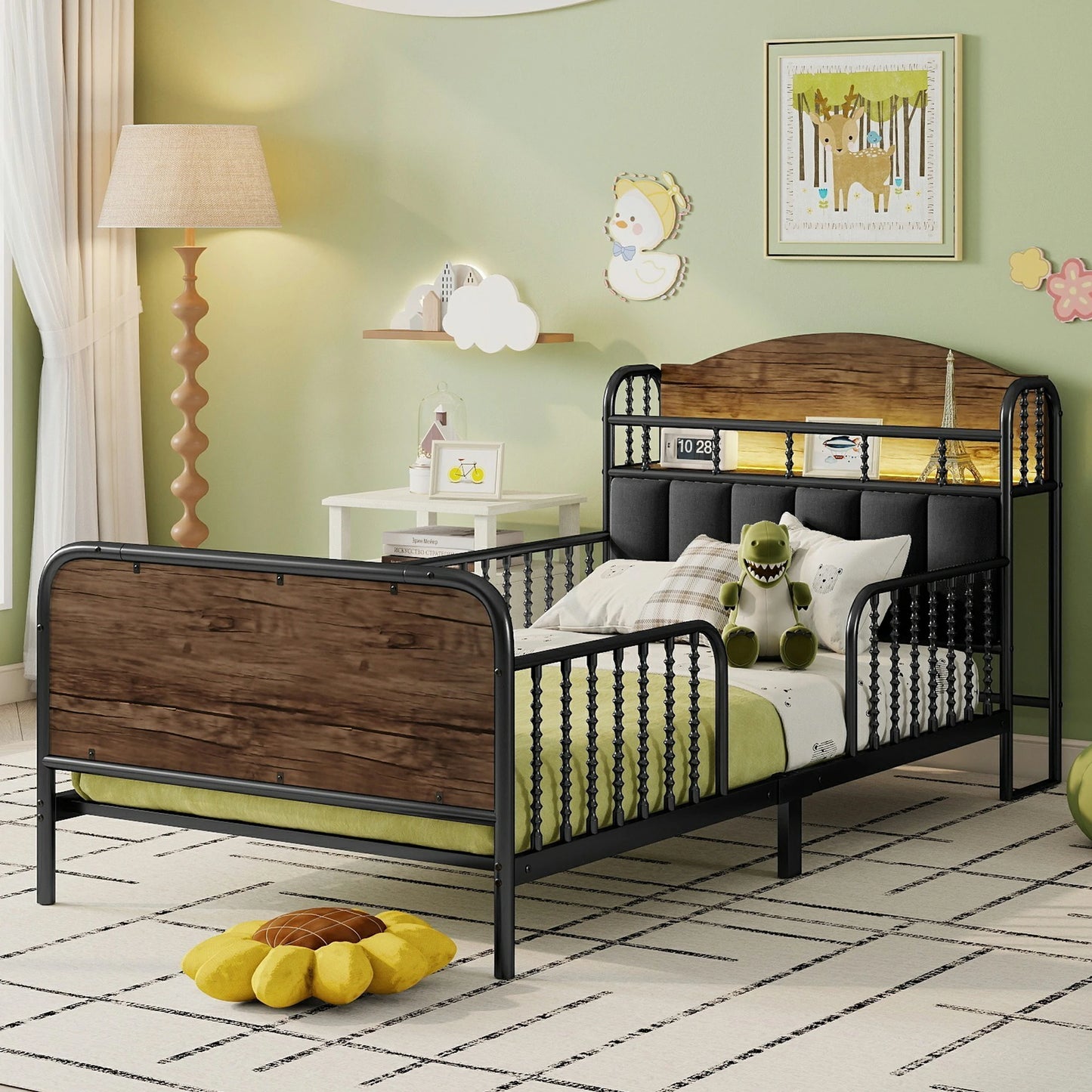 Modernkidsbedroomwithtwindaybedfeaturingwoodandmetaldesign_storageheadboardandcozybeddingsetup