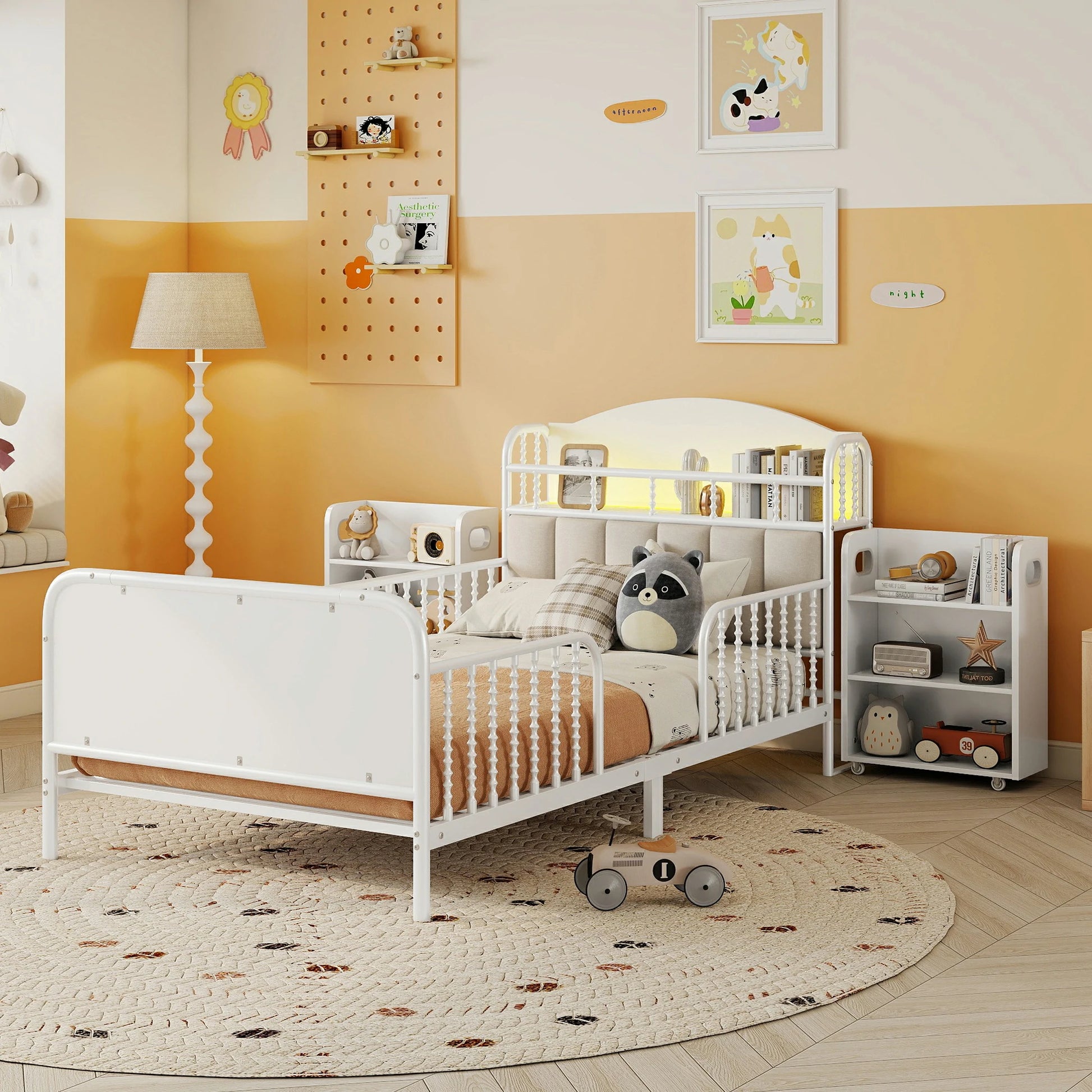 Modernkidsbedroomwithwhitetwinbed_storageshelves_LEDlightingandsoftupholsteredheadboard