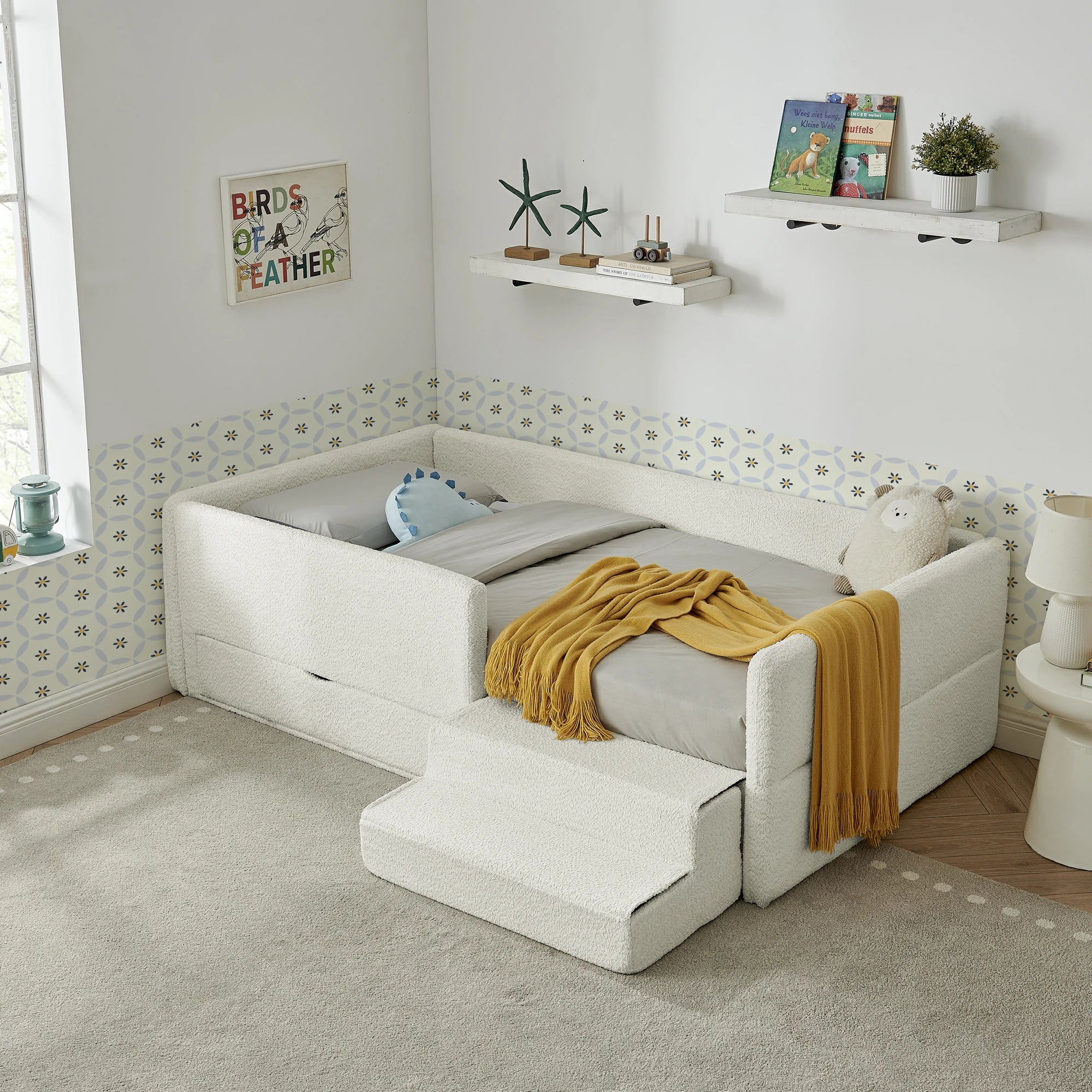 Modernkidsbedwithbouclefabric_safetyguardrailsandhiddenstoragedrawer_minimalistbedroomdesign