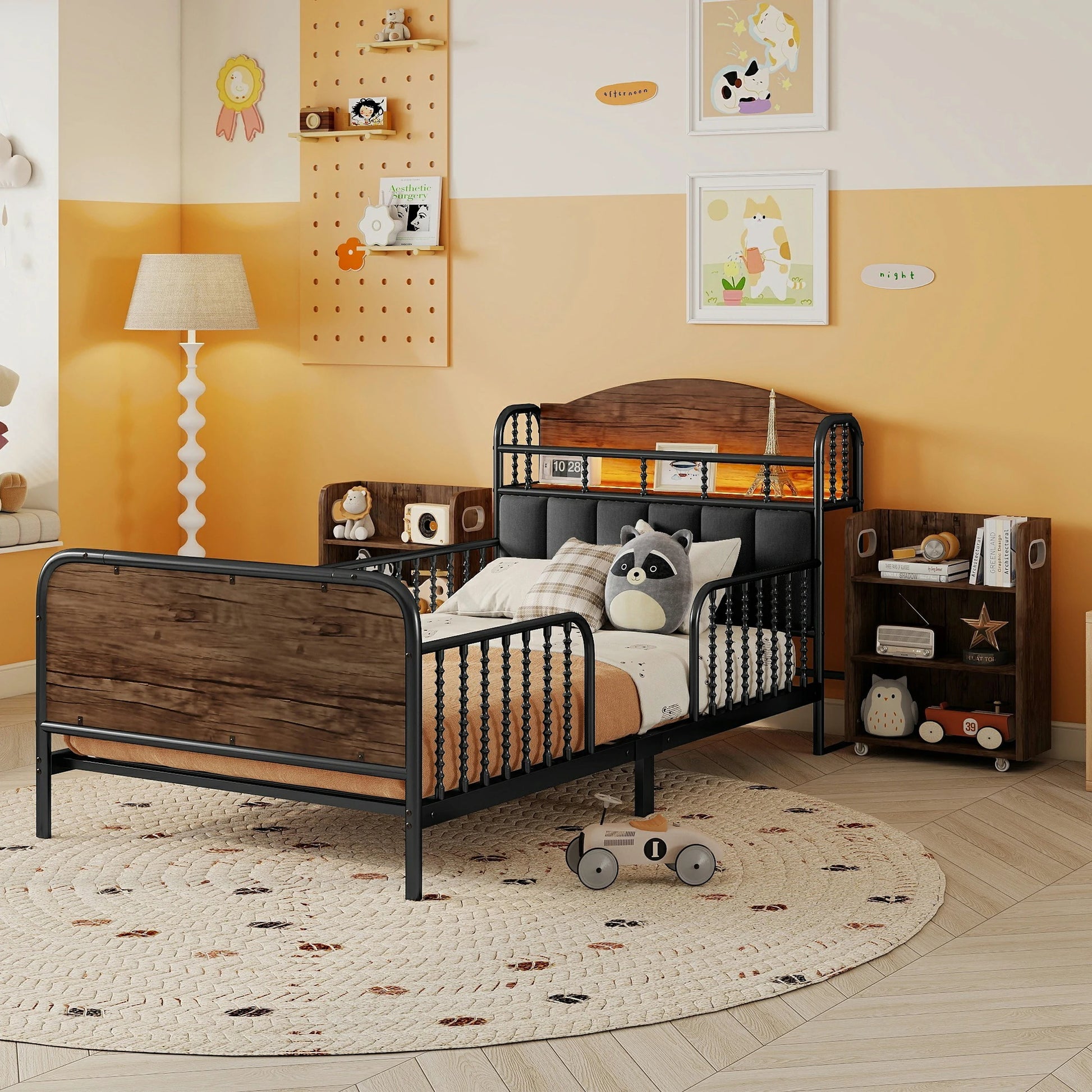 ModernkidstwinbedwithwoodpaneldesignandLEDheadboardinbedroom