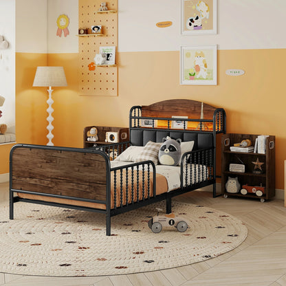 ModernkidstwinbedwithwoodpaneldesignandLEDheadboardinbedroom