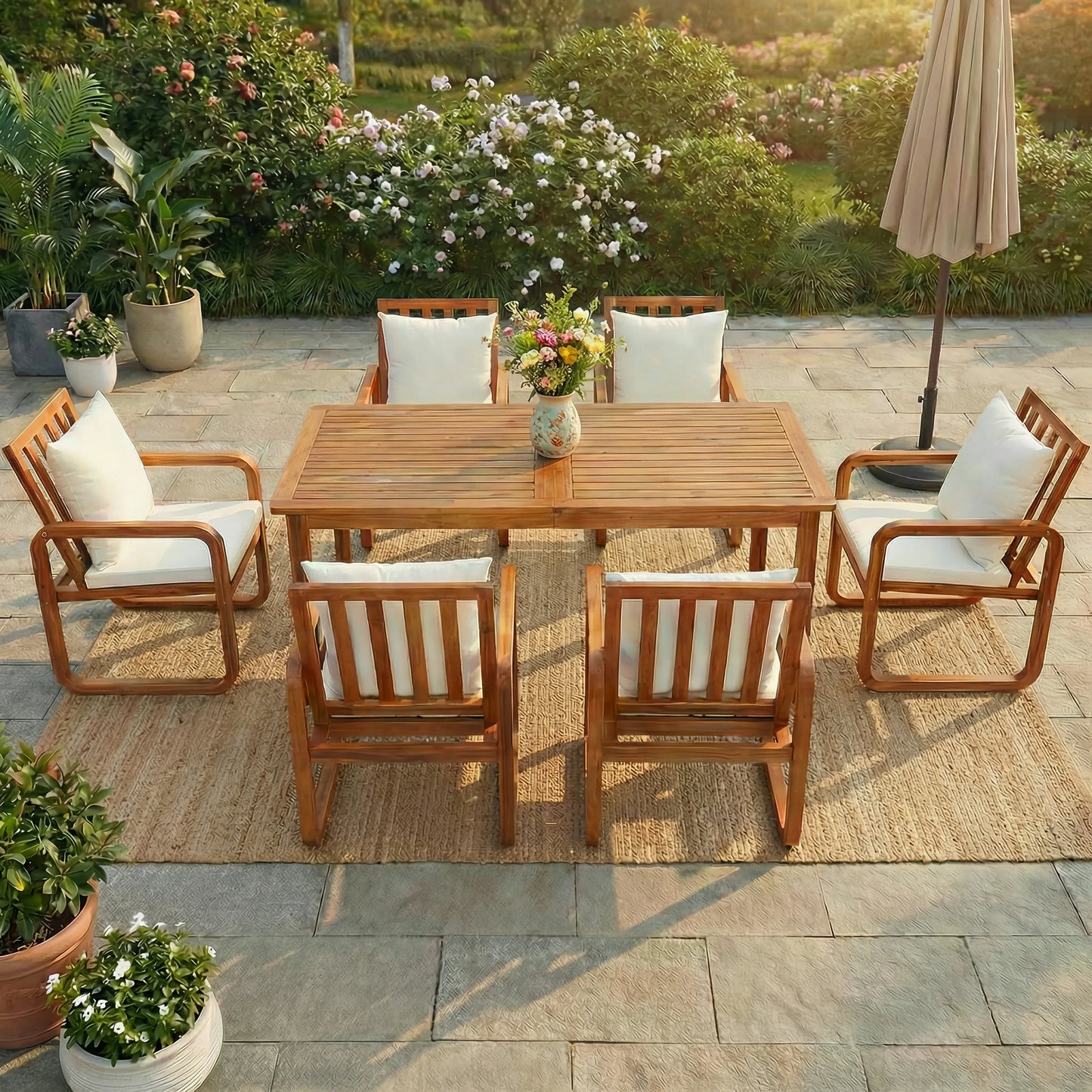 Modernoutdoordiningsetinawarmsunsetbackyardsetting_featuringsolidacaciawoodtableandcushionedchairs_perfectforeveningmealsandoutdoorentertaining._96e3e92e-8ebf-46e0-ba3f-d136c1cd4080