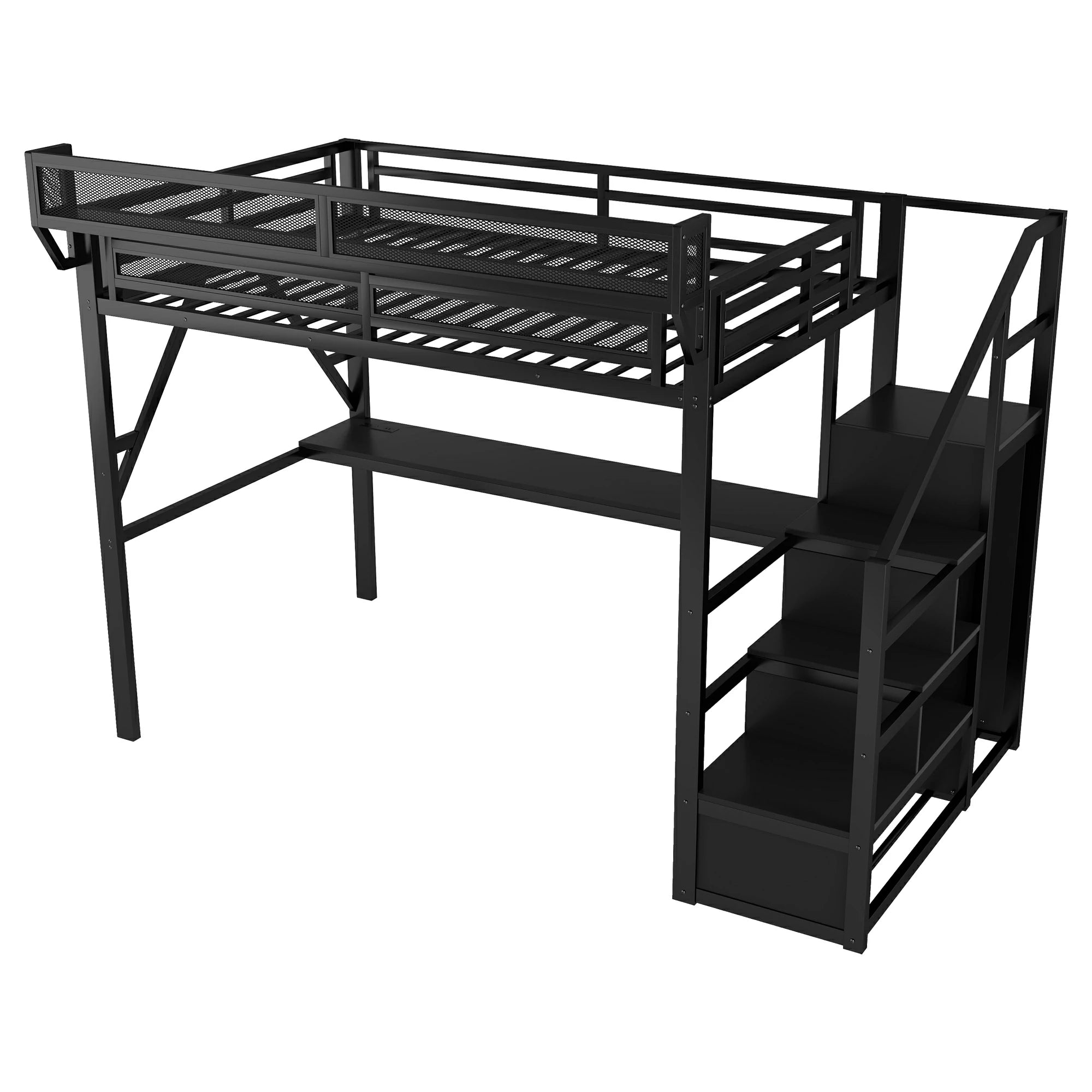 Modernqueenloftbedwithdeskandstoragesystem_blackmetalframedesignedforsmallspaceliving.
