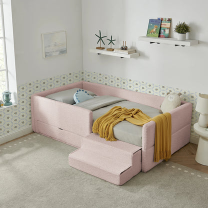 Modernupholsteredkidsbedinsoftpinkbouclefabricfeaturinghighsafetyguardrailsandamatchingstepstoolforeasyaccess.Perfectforcreatingacozyandsafechildren_sbedro