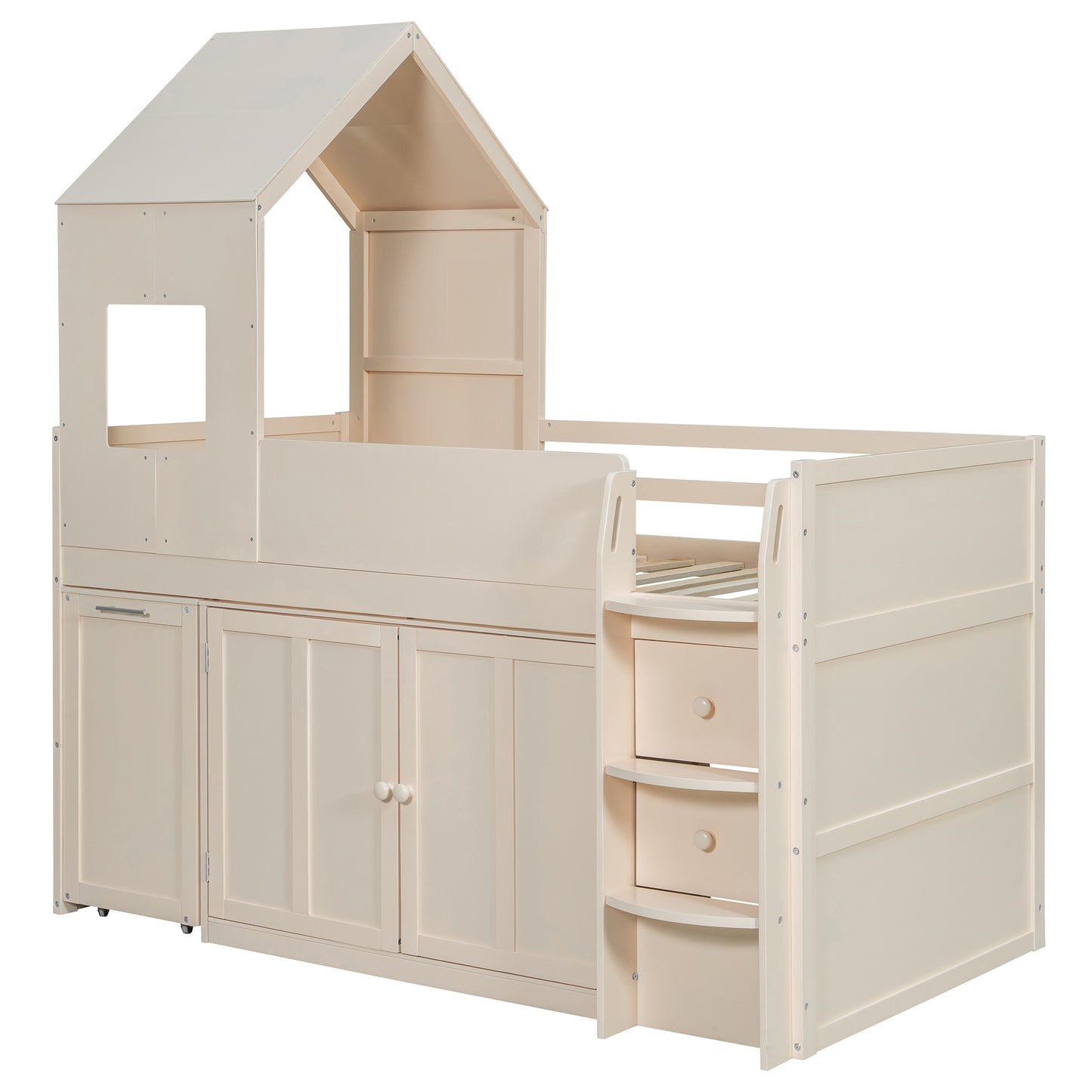 Mirightone™ Twin Size Low Loft Bed with Desk and Storage Cabinets White