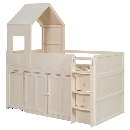 Mirightone™ Twin Size Low Loft Bed with Desk and Storage Cabinets White
