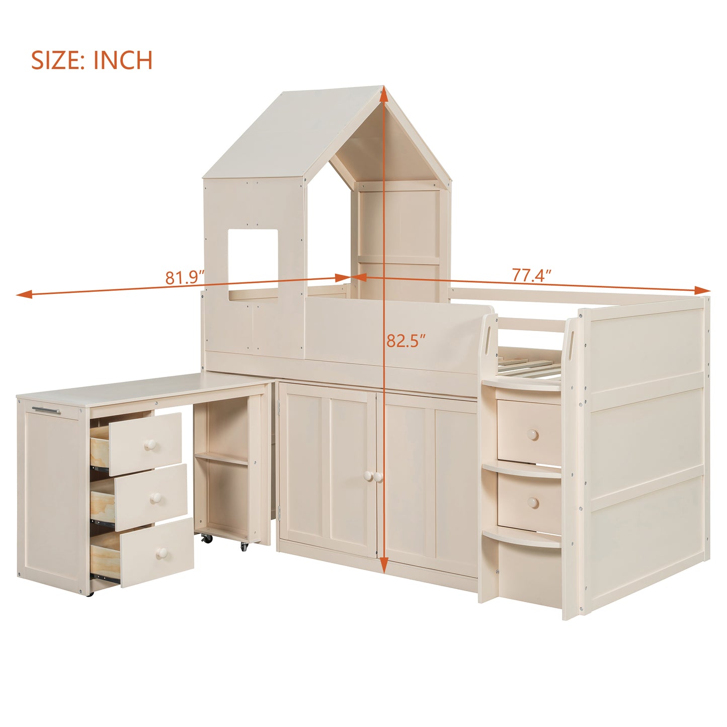 Mirightone™ Twin Size Low Loft Bed with Desk and Storage Cabinets White