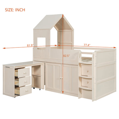Mirightone™ Twin Size Low Loft Bed with Desk and Storage Cabinets White
