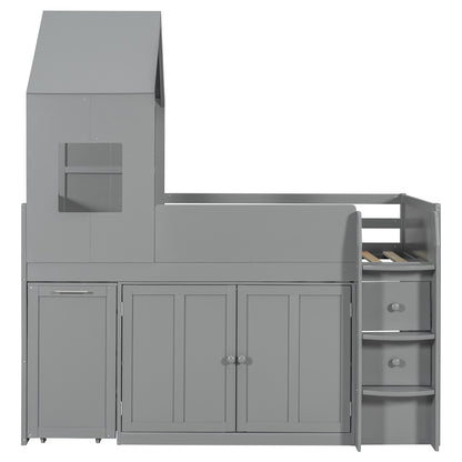 Mirightone™ Twin Size Low Loft Bed with Desk and Storage Cabinets White