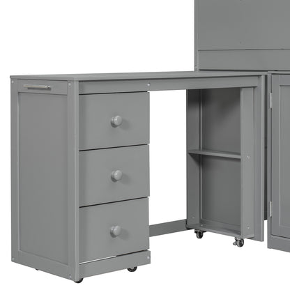 Mirightone™ Twin Size Low Loft Bed with Desk and Storage Cabinets White