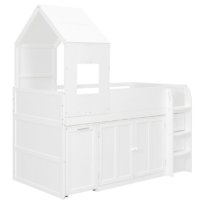 Mirightone™ Twin Size Low Loft Bed with Desk and Storage Cabinets White
