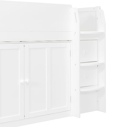 Mirightone™ Twin Size Low Loft Bed with Desk and Storage Cabinets White