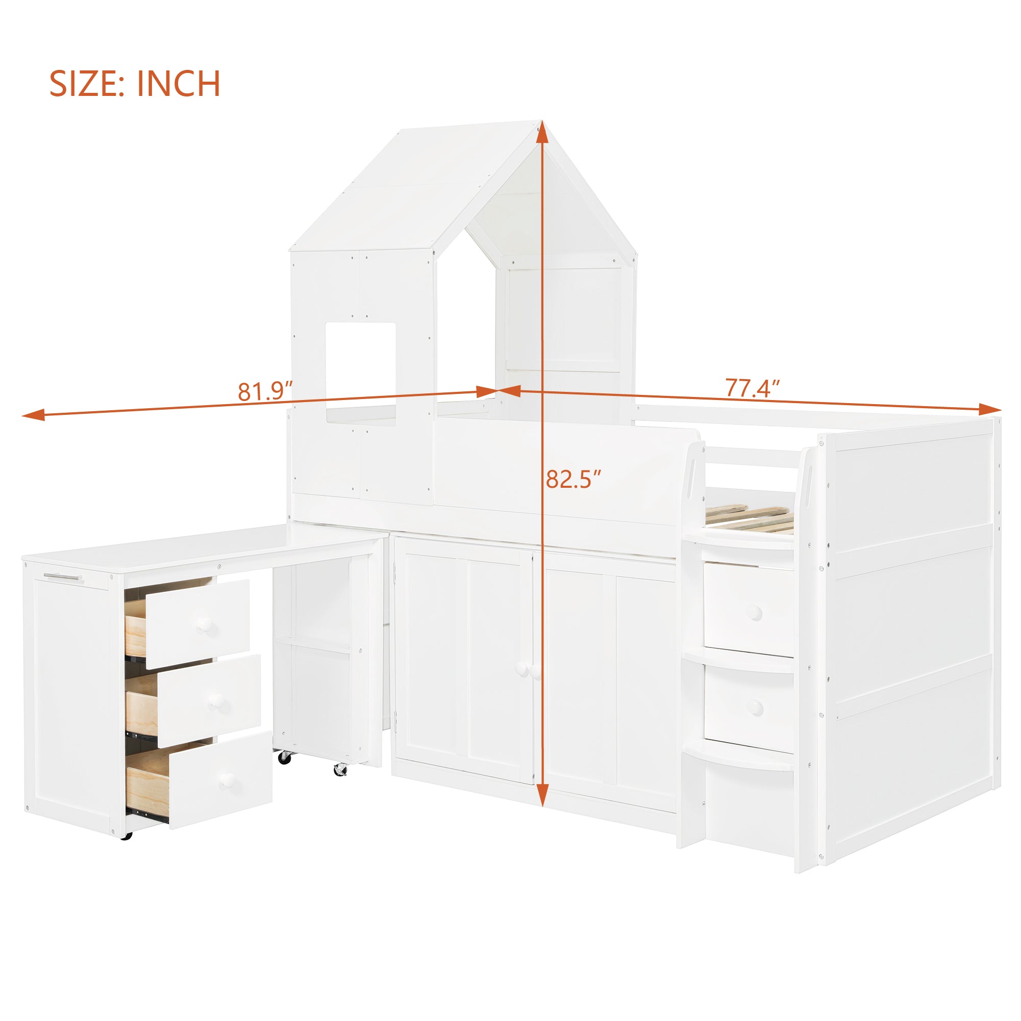 Mirightone™ Twin Size Low Loft Bed with Desk and Storage Cabinets White