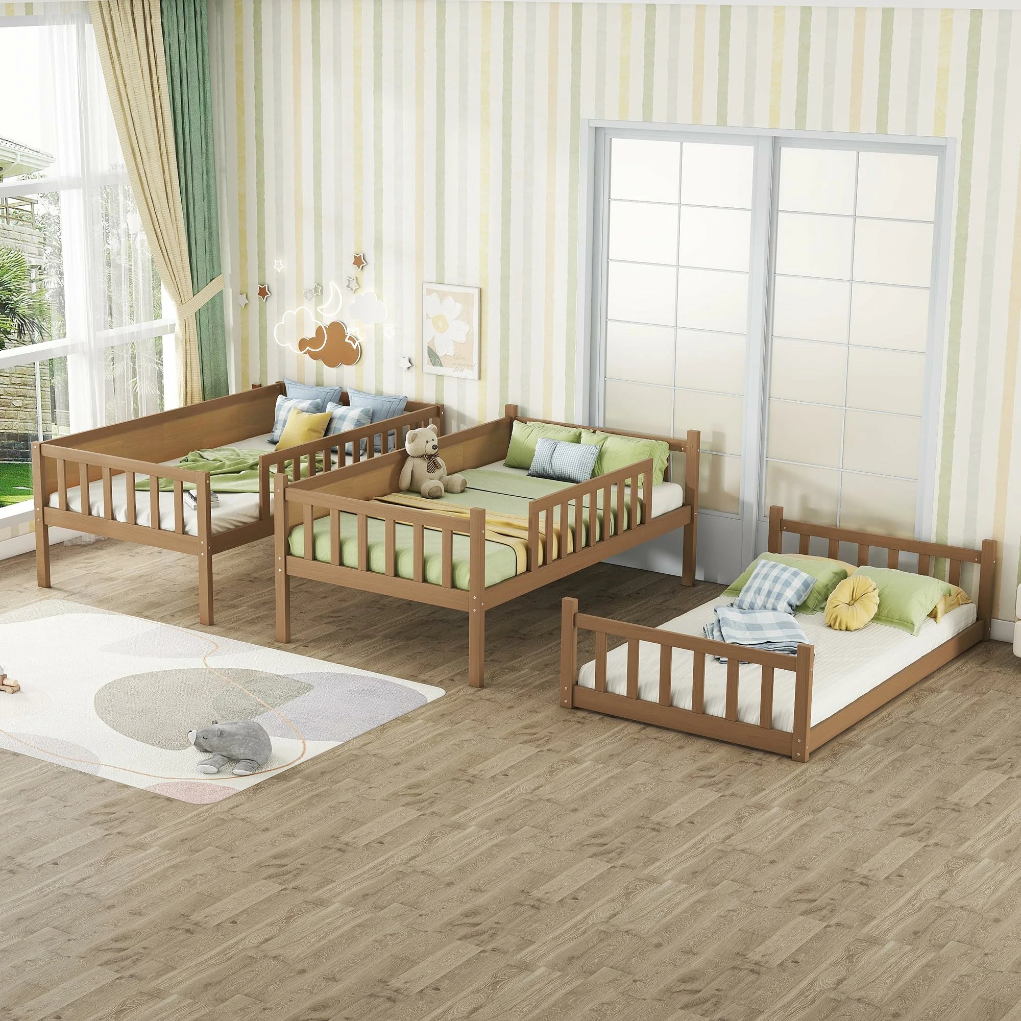 Naturalwoodtriplebunkbedconvertedinto3separatetwinbeds