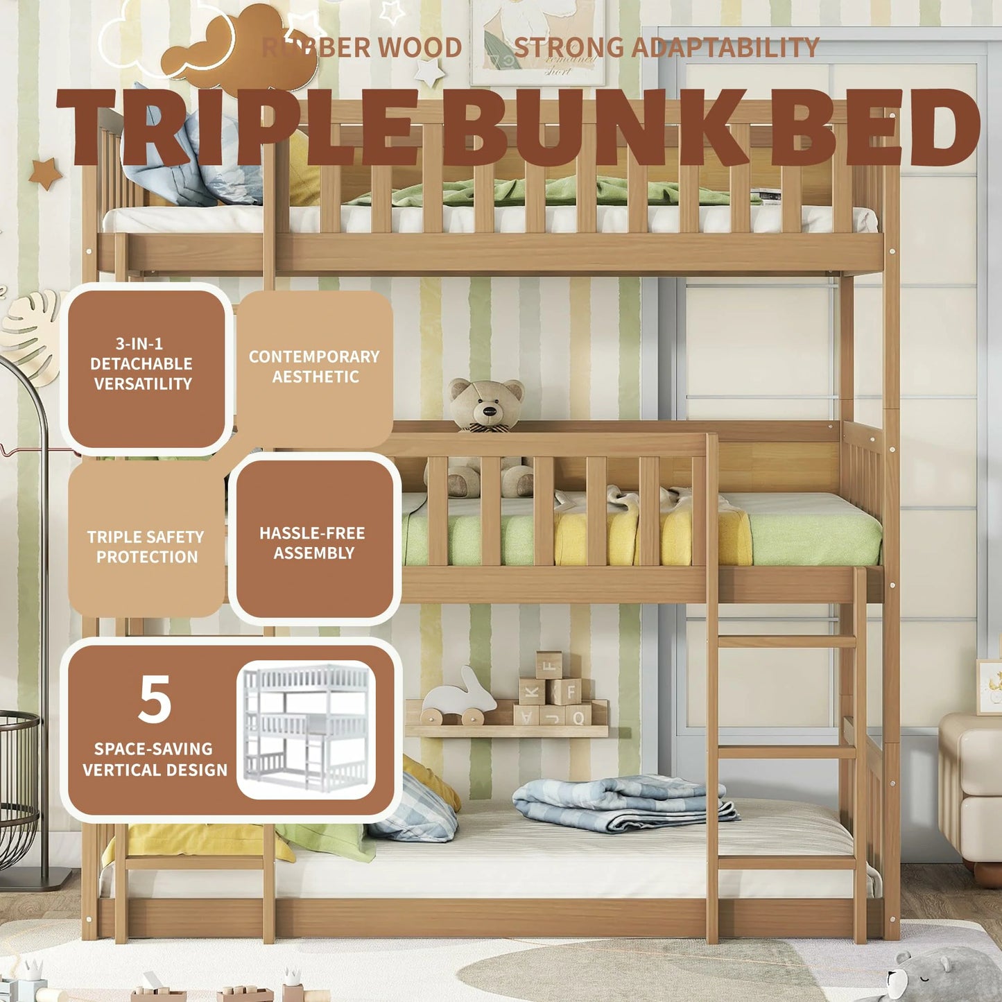 Naturalwoodtriplebunkbedwithladderandsafetyrails
