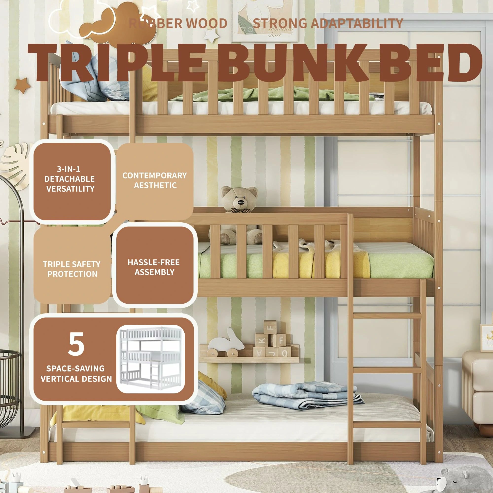 Naturalwoodtriplebunkbedwithladderandsafetyrails