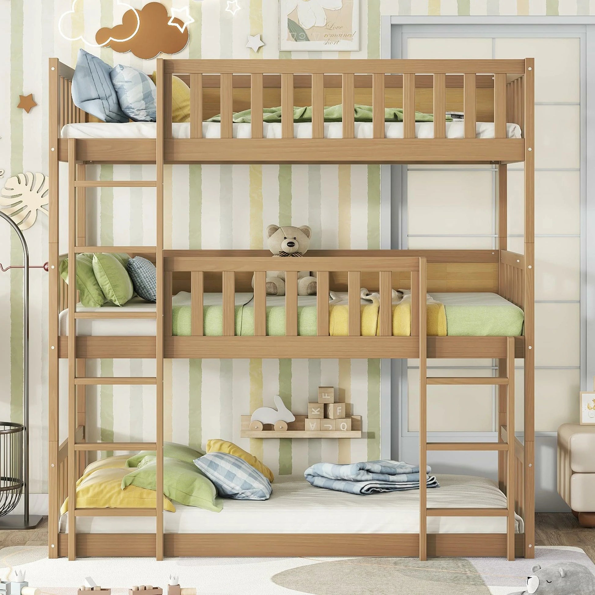 Naturalwoodtriplebunkbedwithladdersguardrailsandrubberwoodframe