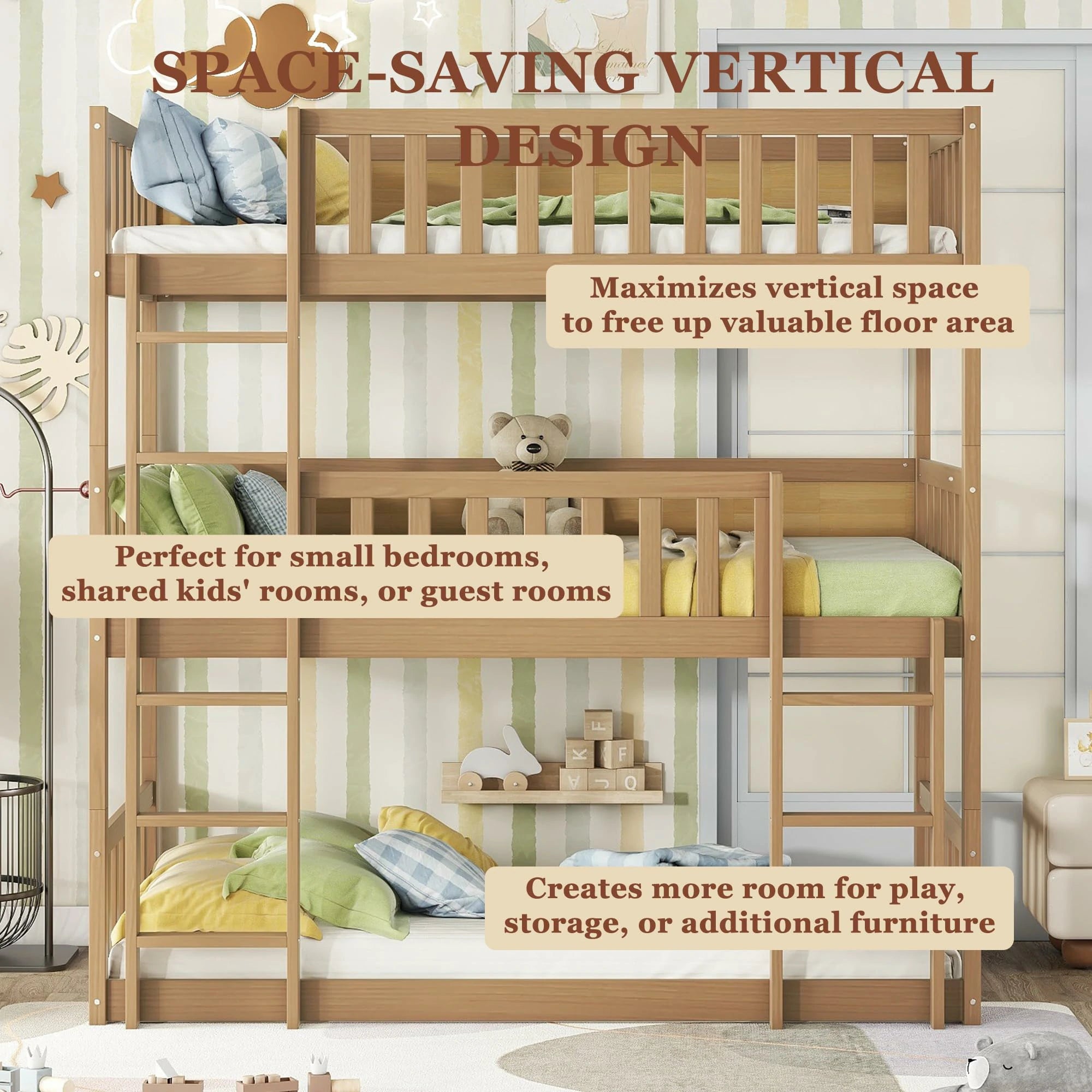 Naturalwoodtriplebunkbedwithspace-savingverticaldesign