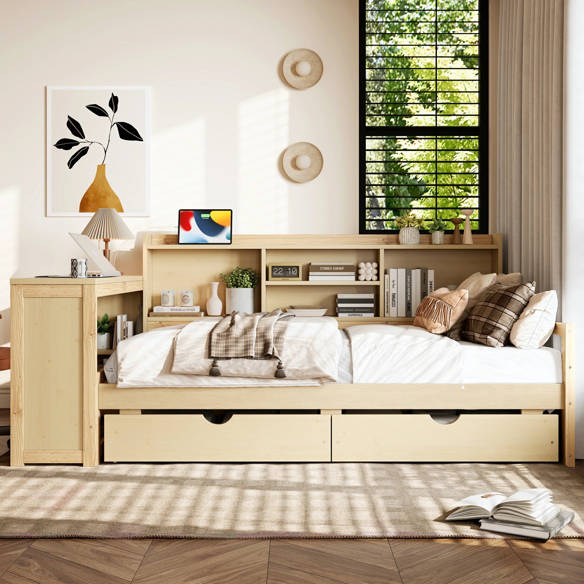 Naturalwoodtwindaybedwithdesk_storagedrawersandbookcaseheadboardinmodernbedroom