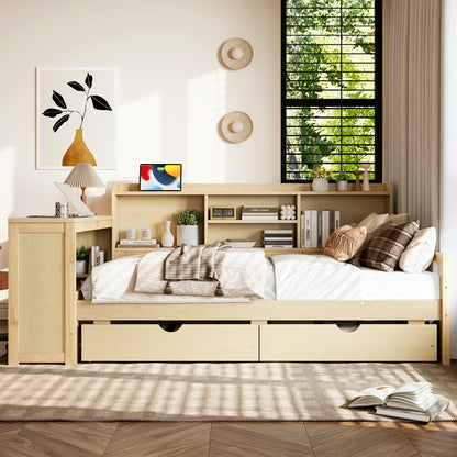 Naturalwoodtwindaybedwithdesk_storagedrawersandbookcaseheadboardinmodernbedroom