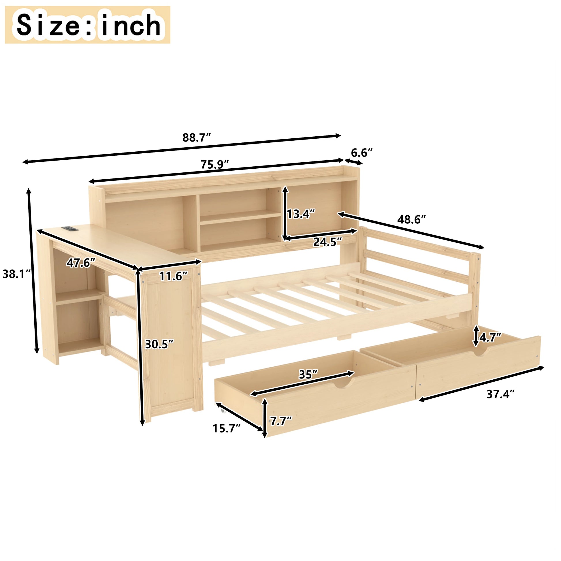 Naturalwoodtwindaybedwithdeskdimensionsandstoragelayoutdiagram