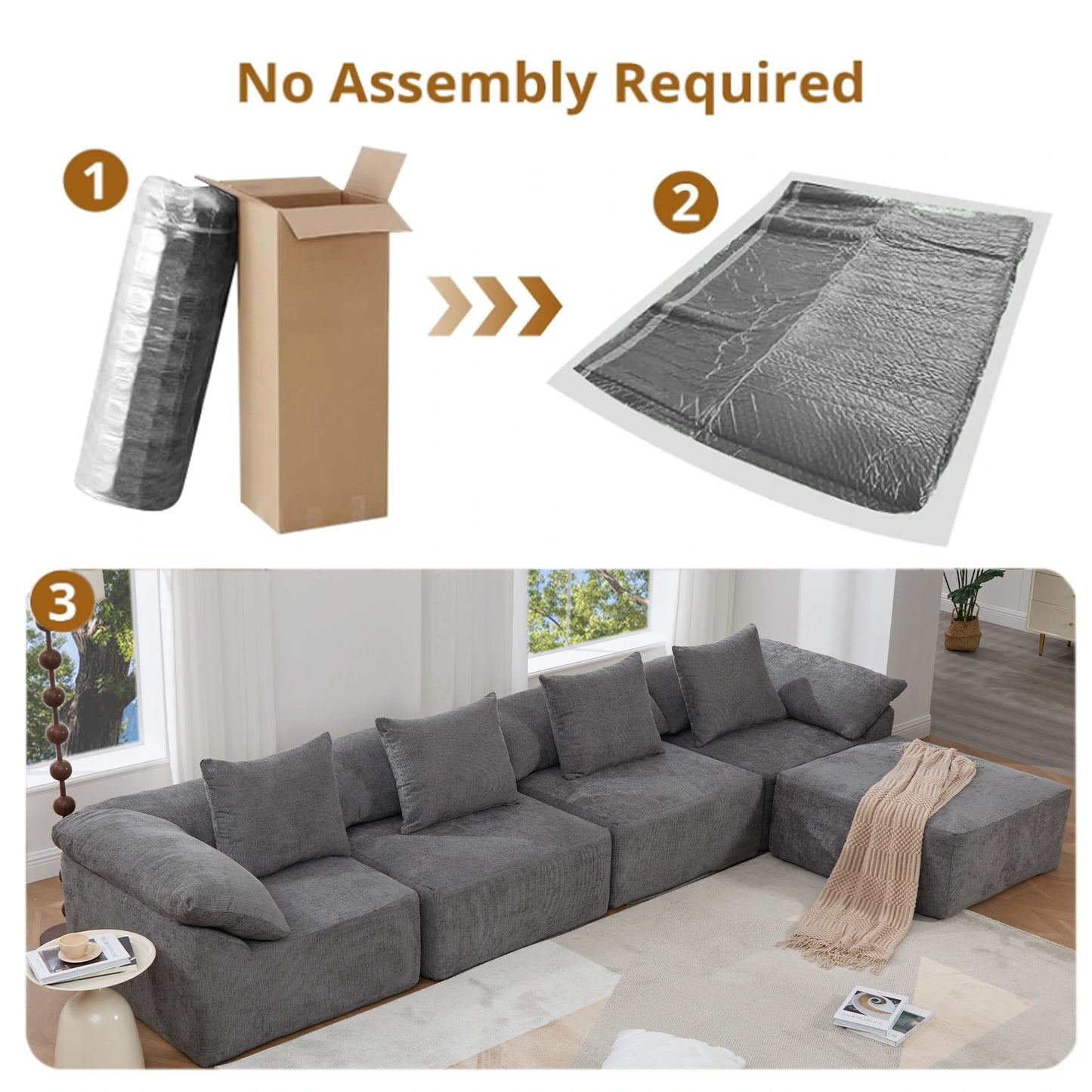 Noassemblyrequiredgraymodularsectionalsofashownfromboxtofullsofasetup