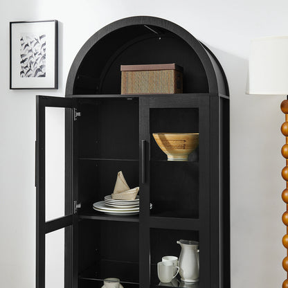 Openblackarchedglasscabinetshowinginteriorstoragewithdinnerware_brightminimalisthomeinteriordesign_87fd27b1-f2f8-47ea-aed0-51c7a8bbd0f4