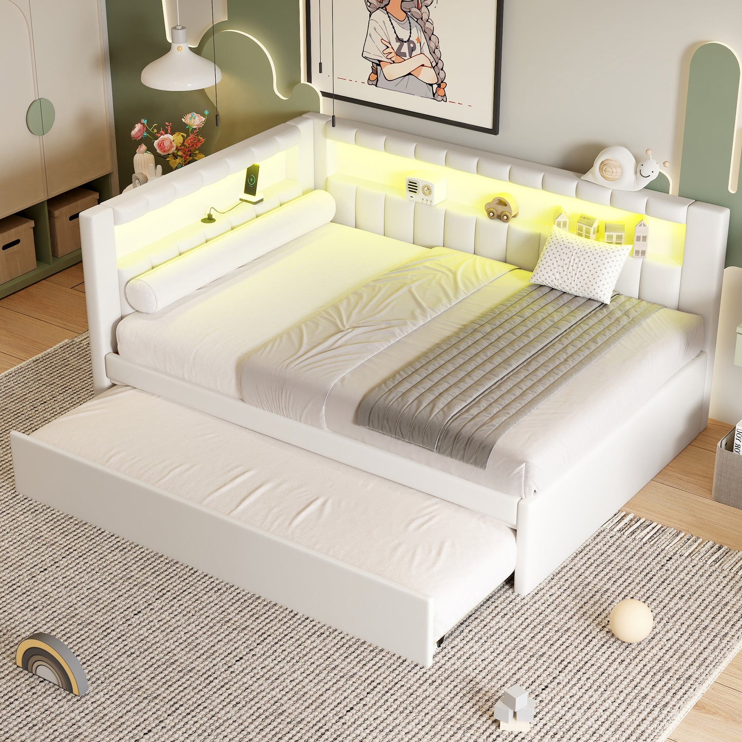 Mirightone™ Upholstered Daybed with Desk and Storage, Corner Bed with LED Light & Charging Station for Adults Teens Kids