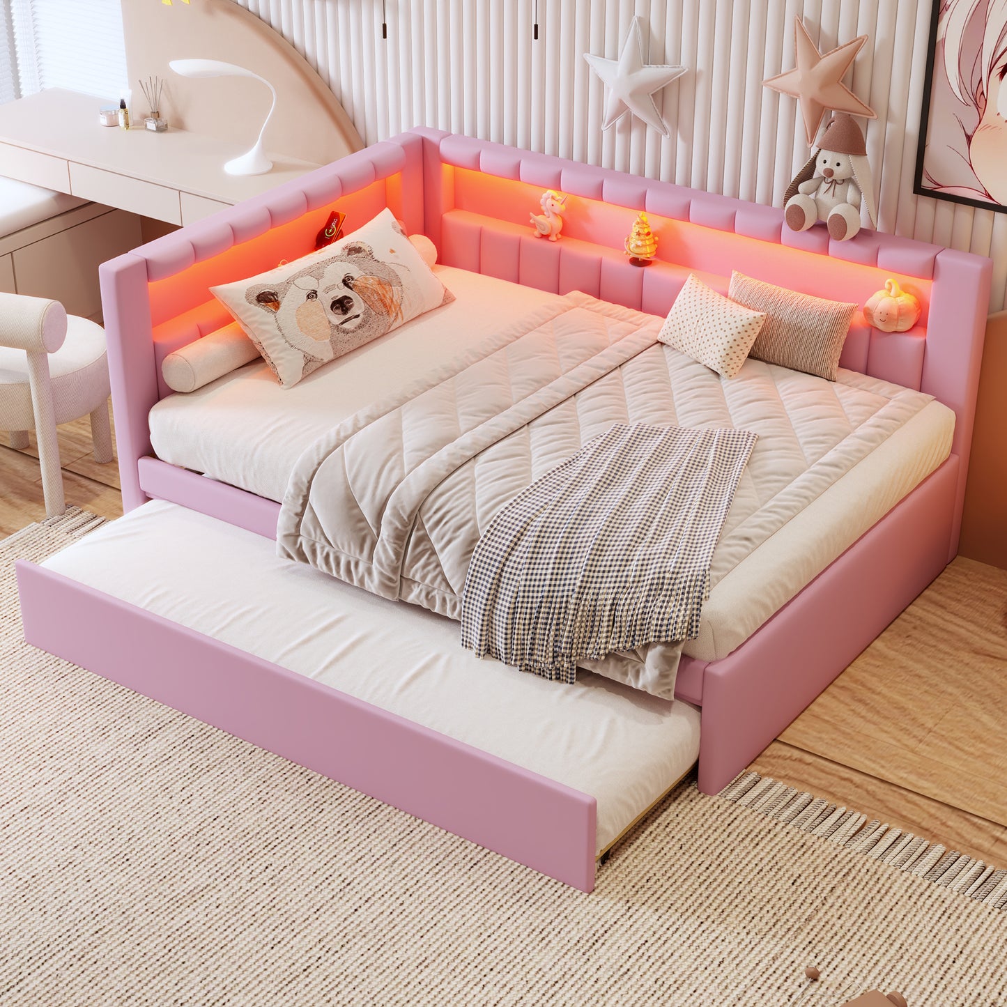 Mirightone™ Upholstered Daybed with Desk and Storage, Corner Bed with LED Light & Charging Station for Adults Teens Kids