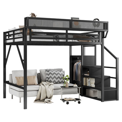 Mirightone Full Size Loft Bed with Stairs, Metal Loft Beds Full with Storage Shelves, Adults Loft Bed with Wardrobe, Heavy Duty High Lofted Bed,Convertible Staircase,black