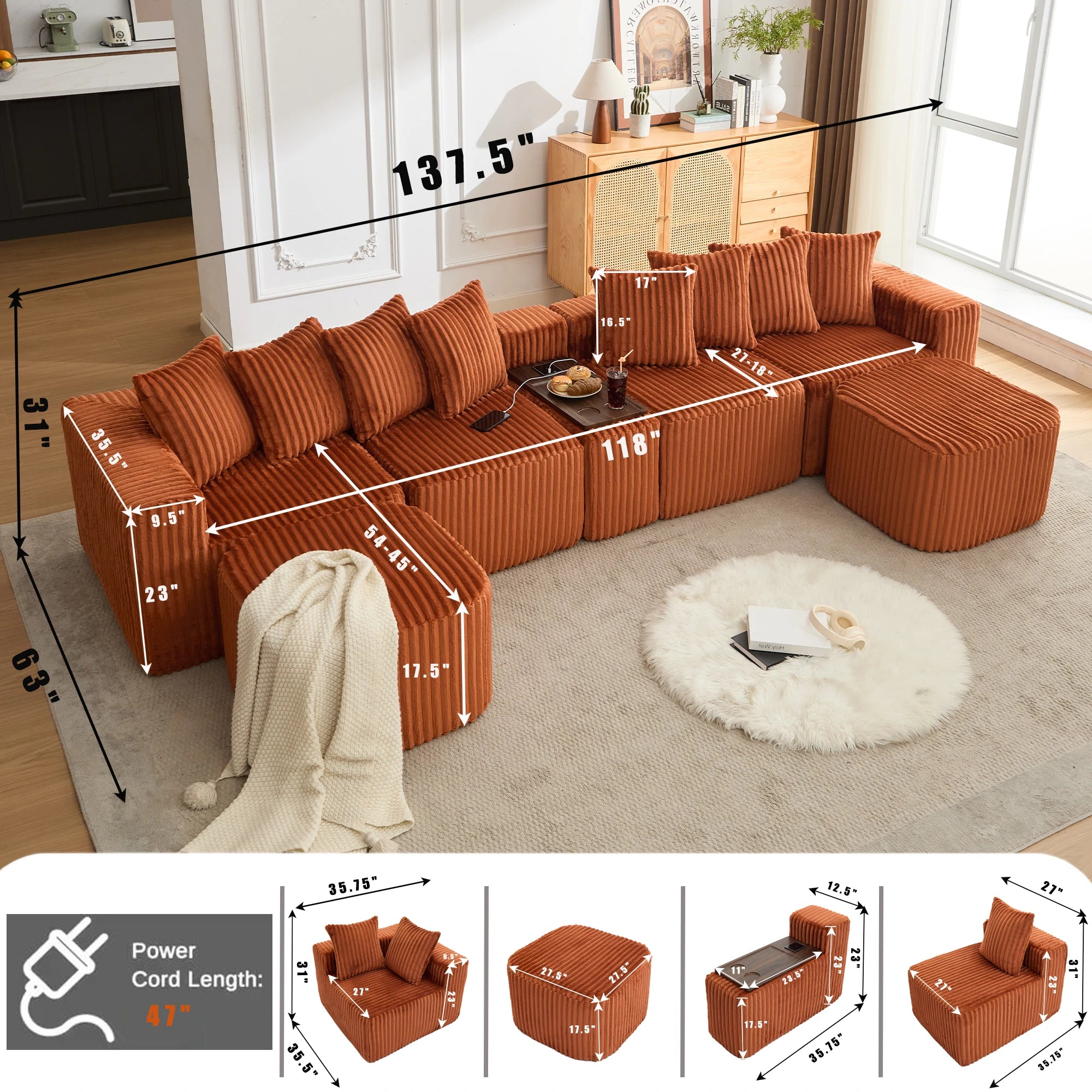 Oversized_orange_u_shaped_modular_sectional_sofa_with_detailed_dimensions_corduroy_upholstery_deep_seating_movable_ottoman_USB_and_wireless_charging_and_multifunctional_console_for_mo