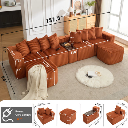 Oversized_orange_u_shaped_modular_sectional_sofa_with_detailed_dimensions_corduroy_upholstery_deep_seating_movable_ottoman_USB_and_wireless_charging_and_multifunctional_console_for_mo