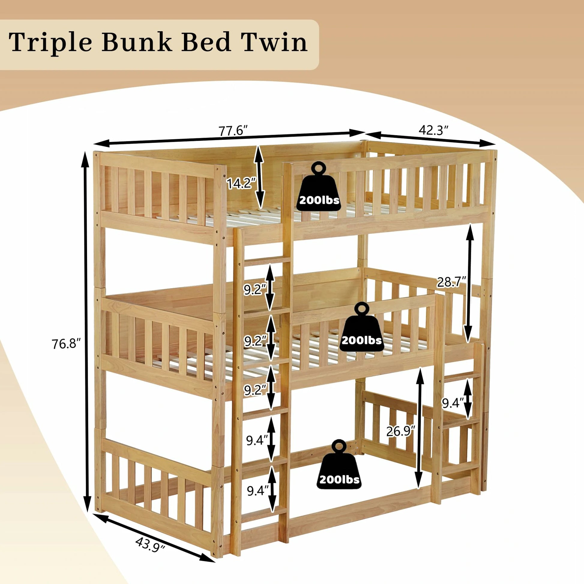 Productsizechartofanaturalwoodtriplebunkbedwithbuilt-inladders_safetyguardrails_and200lbweightcapacityperbed.Thisspace-savingwoodenbunkbedisdesignedforkids_rooms_sha