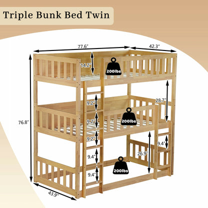 Productsizechartofanaturalwoodtriplebunkbedwithbuilt-inladders_safetyguardrails_and200lbweightcapacityperbed.Thisspace-savingwoodenbunkbedisdesignedforkids_rooms_sha