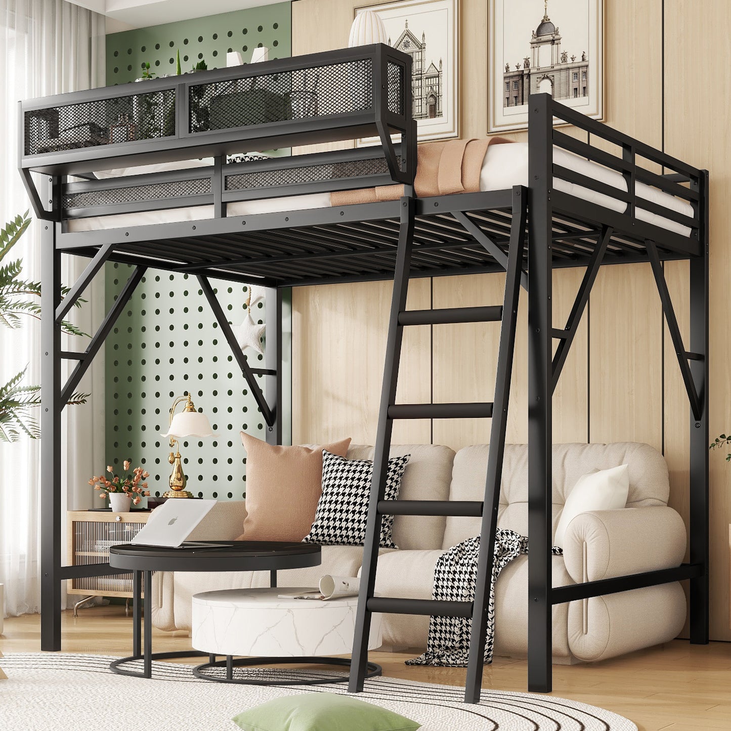 Mirightone™ Metal Queen Loft Bed with Shelf, Ladder, White