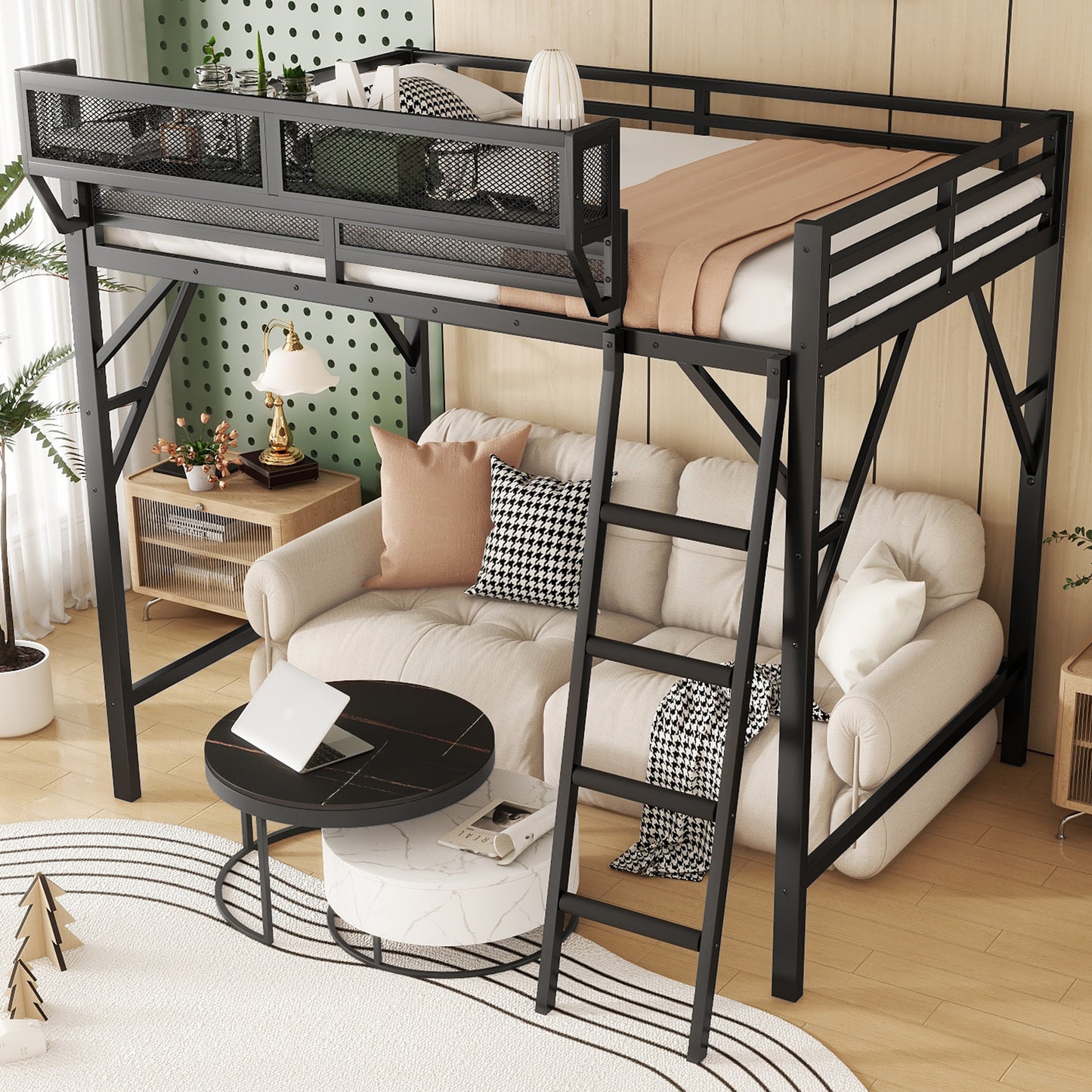 Mirightone™ Metal Queen Loft Bed with Shelf, Ladder, White