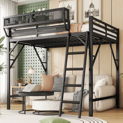 Mirightone™ Metal Queen Loft Bed with Shelf, Ladder, White