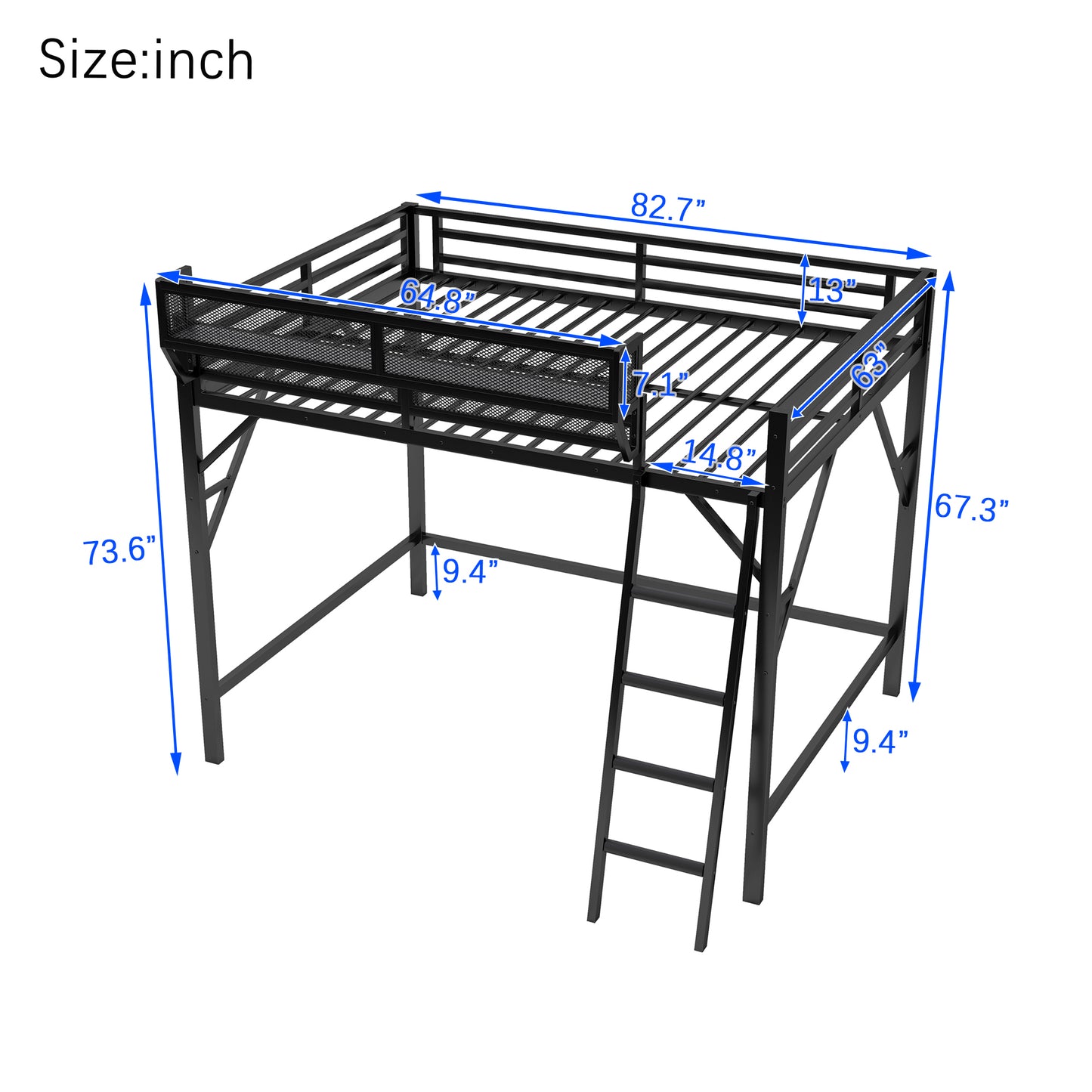 Mirightone™ Metal Queen Loft Bed with Shelf, Ladder, White