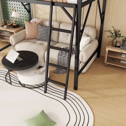 Mirightone™ Metal Queen Loft Bed with Shelf, Ladder, White